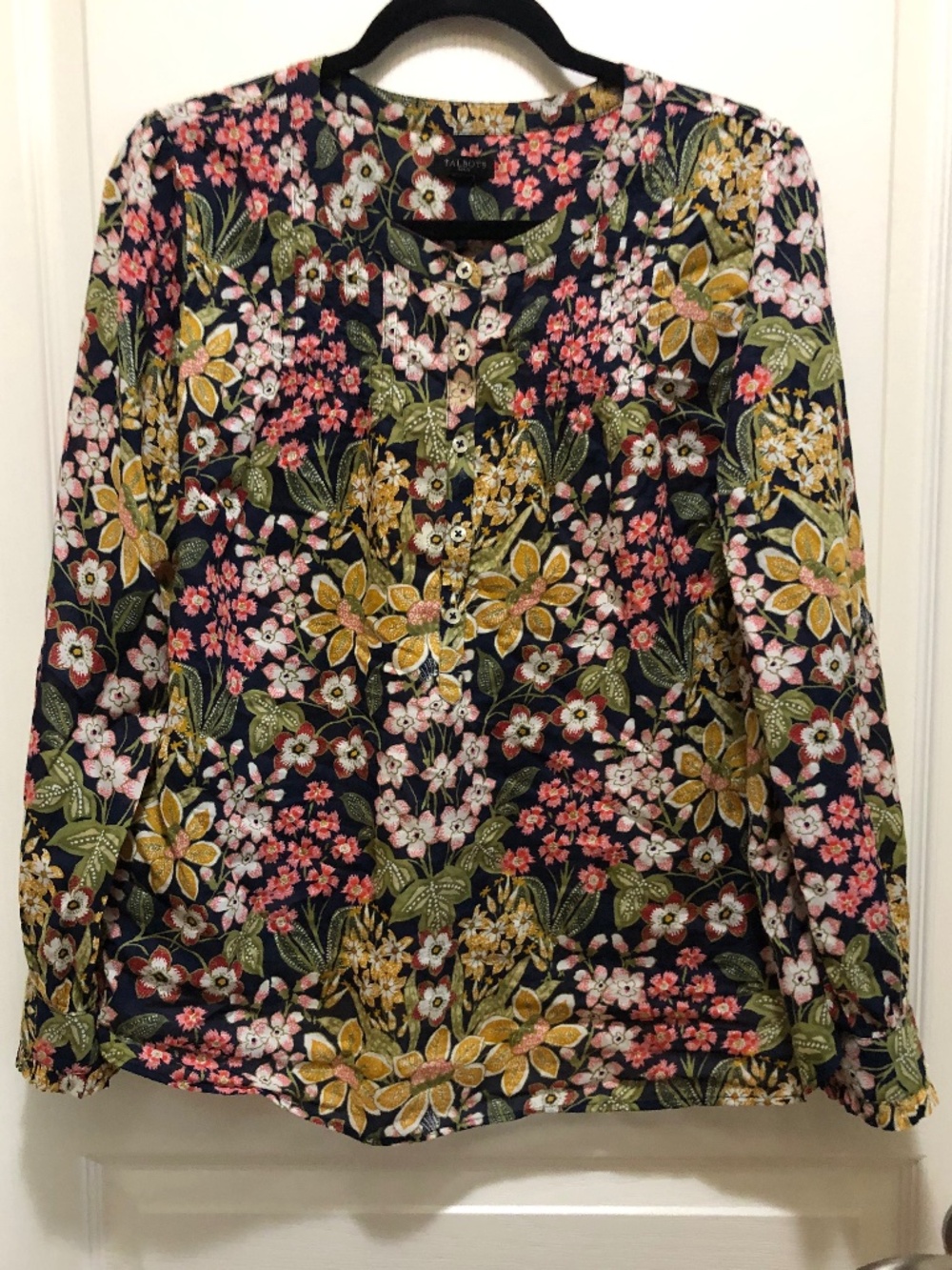 Floral Button-Front Long Sleeve Top - Navy, Pink, Green & Mustard
